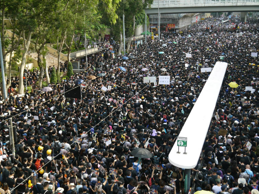A large crowd of people gather on a street, participating in a peaceful protest movement.